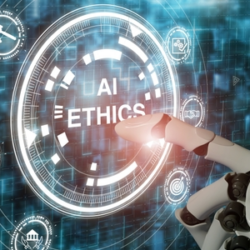 Robot pressing the word AI Ethics