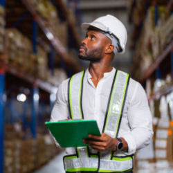 Man in white hard hat and hi-vis safety vest holding a clipboard inside a warehouse.